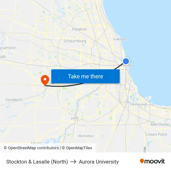 Stockton & Lasalle (North) to Aurora University map