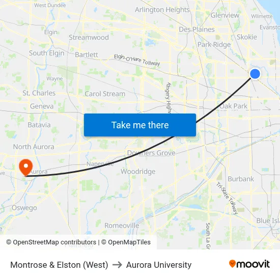 Montrose & Elston (West) to Aurora University map