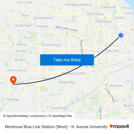 Montrose Blue Line Station (West) to Aurora University map