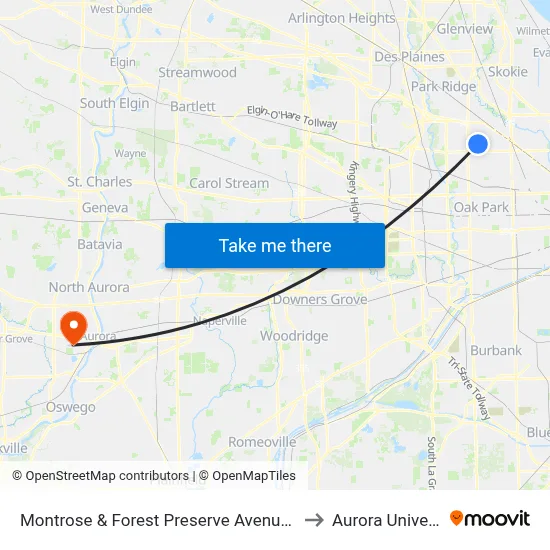 Montrose & Forest Preserve Avenue (West) to Aurora University map