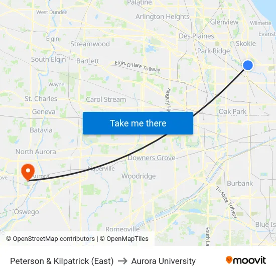Peterson & Kilpatrick (East) to Aurora University map