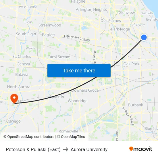 Peterson & Pulaski (East) to Aurora University map