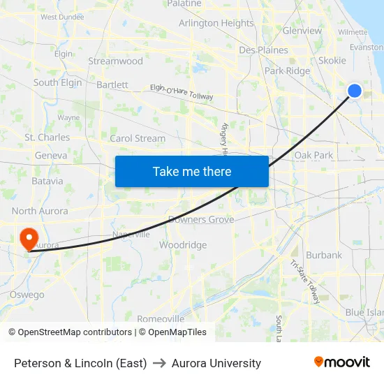 Peterson & Lincoln (East) to Aurora University map
