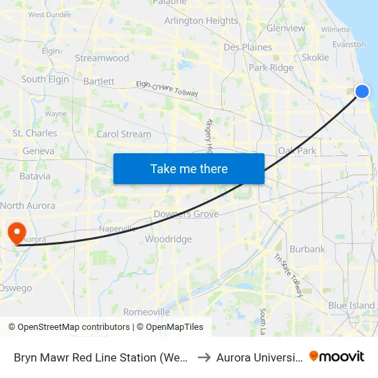 Bryn Mawr Red Line Station (West) to Aurora University map