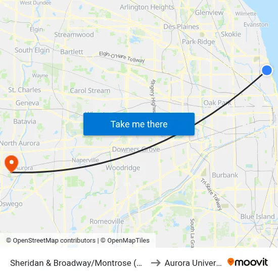 Sheridan & Broadway/Montrose (North) to Aurora University map