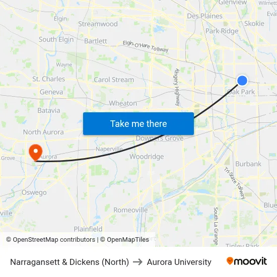 Narragansett & Dickens (North) to Aurora University map