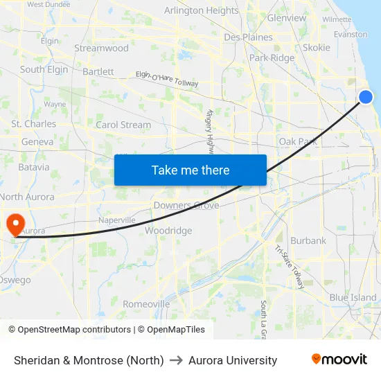 Sheridan & Montrose (North) to Aurora University map