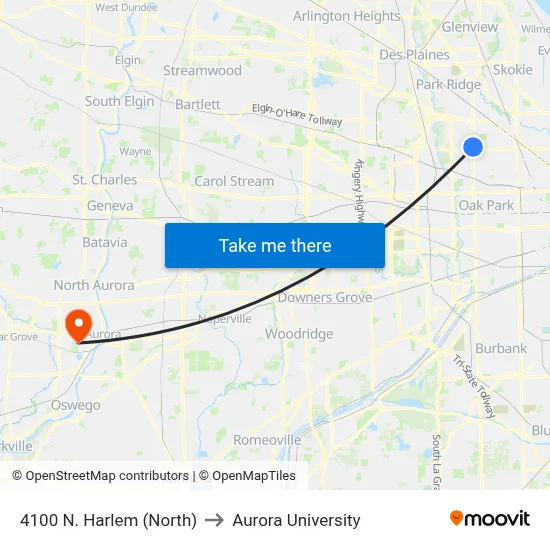 4100 N. Harlem (North) to Aurora University map