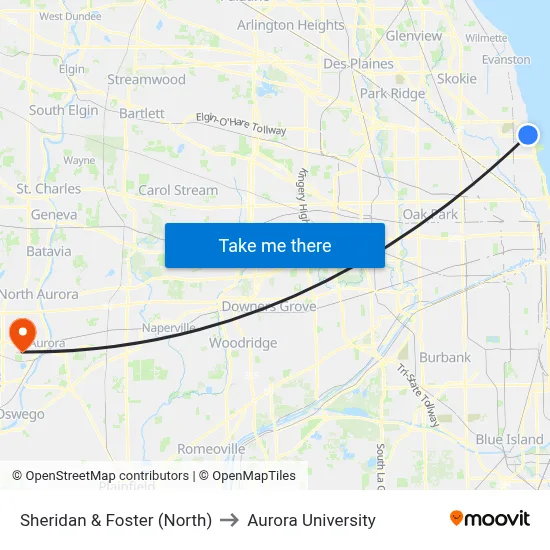 Sheridan & Foster (North) to Aurora University map
