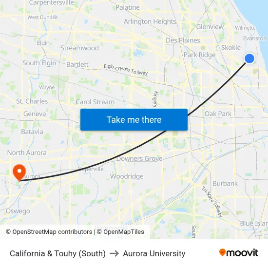 California & Touhy (South) to Aurora University map