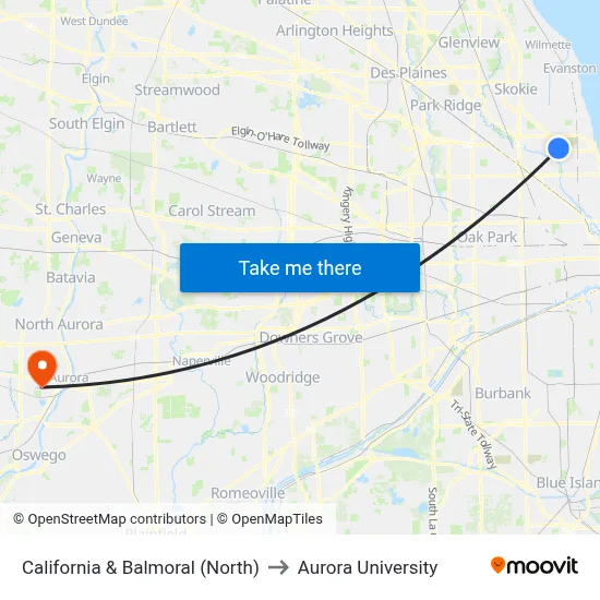 California & Balmoral (North) to Aurora University map