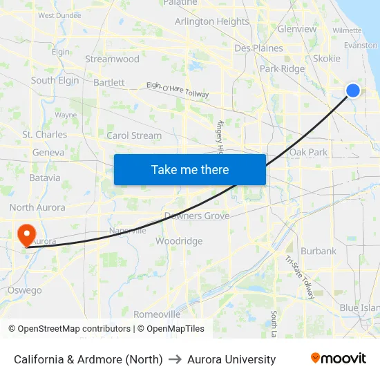 California & Ardmore (North) to Aurora University map