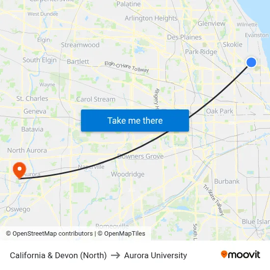 California & Devon (North) to Aurora University map