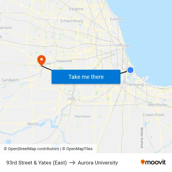 93rd Street & Yates (East) to Aurora University map