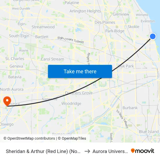 Sheridan & Arthur (Red Line) (North) to Aurora University map