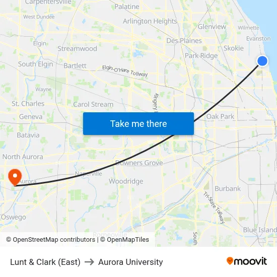 Lunt & Clark (East) to Aurora University map