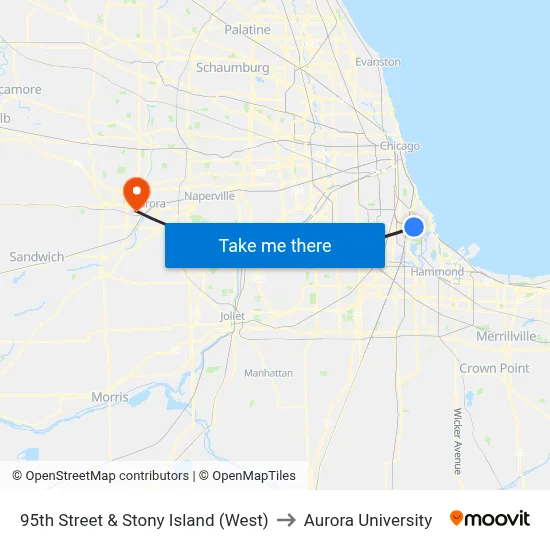 95th Street & Stony Island (West) to Aurora University map