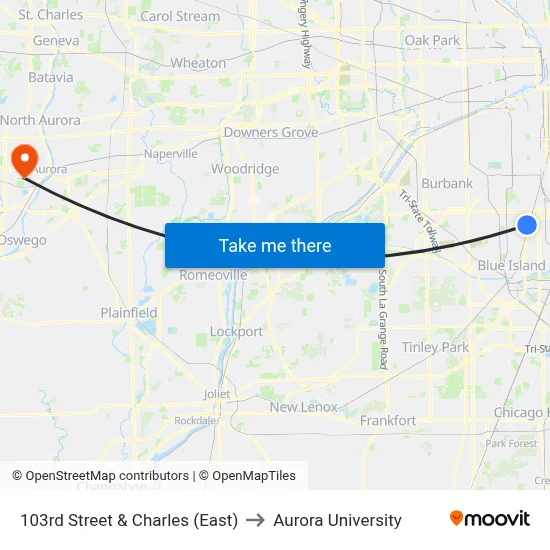 103rd Street & Charles (East) to Aurora University map