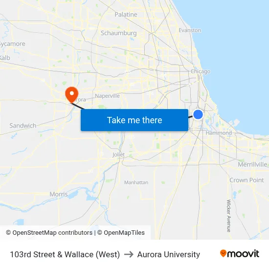 103rd Street & Wallace (West) to Aurora University map