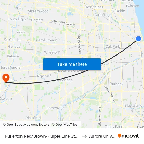 Fullerton Red/Brown/Purple Line Station (West) to Aurora University map