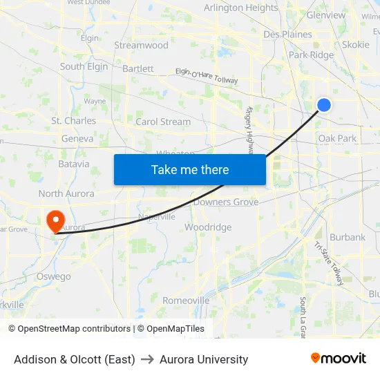 Addison & Olcott (East) to Aurora University map