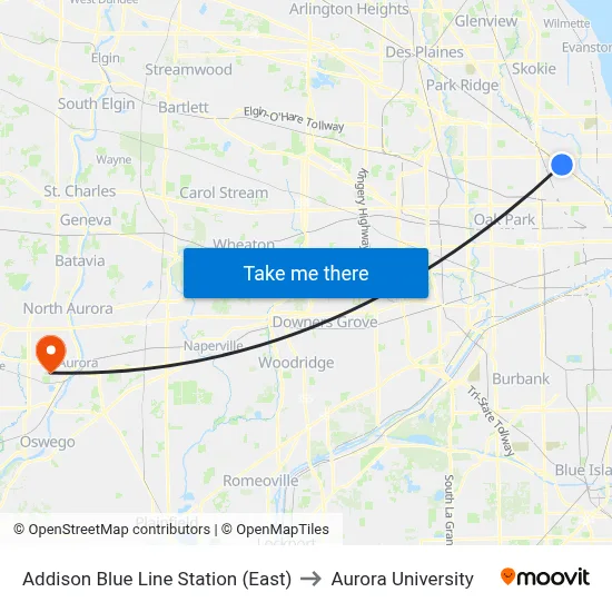 Addison Blue Line Station (East) to Aurora University map