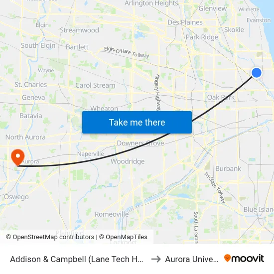 Addison & Campbell (Lane Tech Hs) (East) to Aurora University map