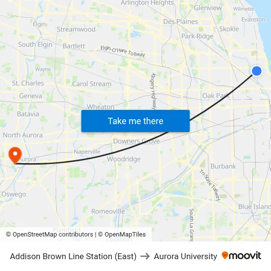Addison Brown Line Station (East) to Aurora University map