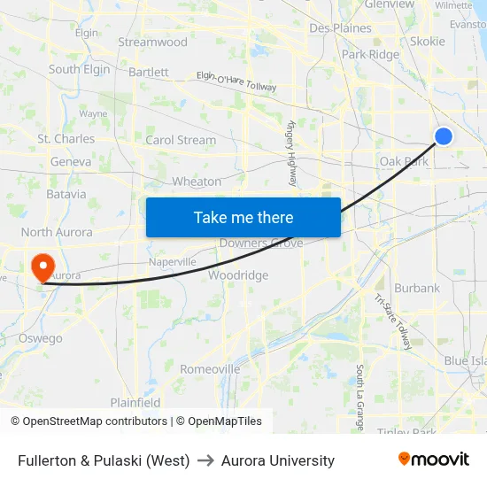 Fullerton & Pulaski (West) to Aurora University map