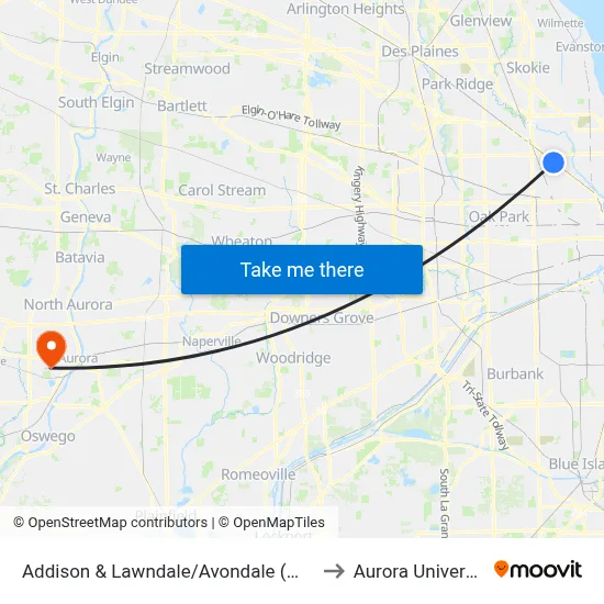 Addison & Lawndale/Avondale (West) to Aurora University map