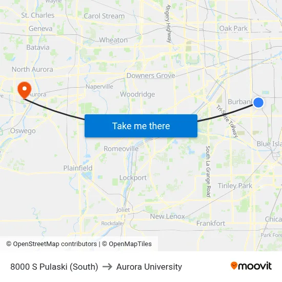 8000 S Pulaski (South) to Aurora University map