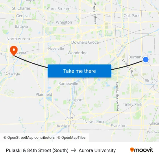 Pulaski & 84th Street (South) to Aurora University map