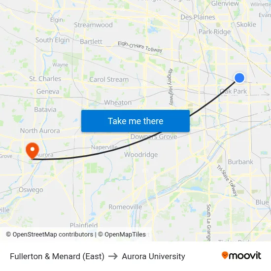 Fullerton & Menard (East) to Aurora University map