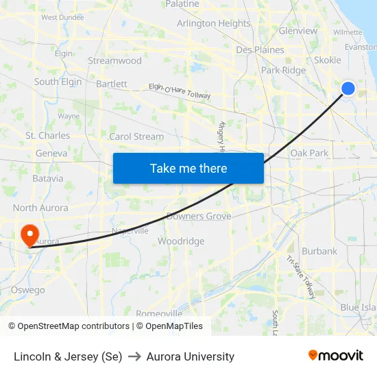 Lincoln & Jersey (Se) to Aurora University map