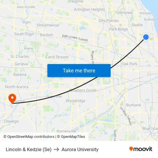 Lincoln & Kedzie (Se) to Aurora University map