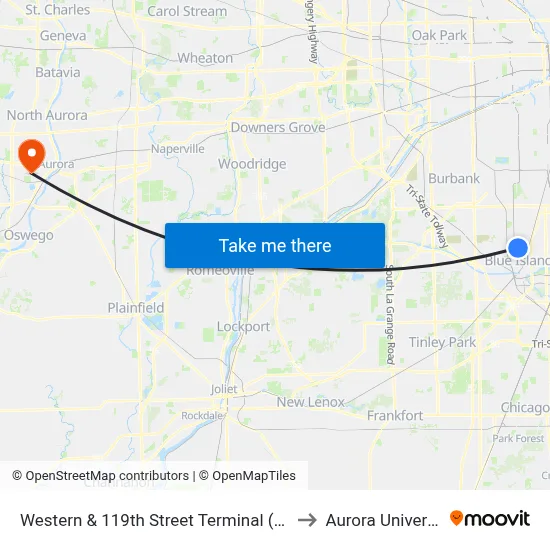 Western & 119th Street Terminal (West) to Aurora University map