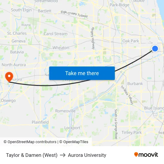 Taylor & Damen (West) to Aurora University map