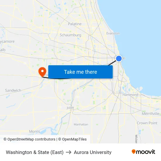 Washington & State (East) to Aurora University map