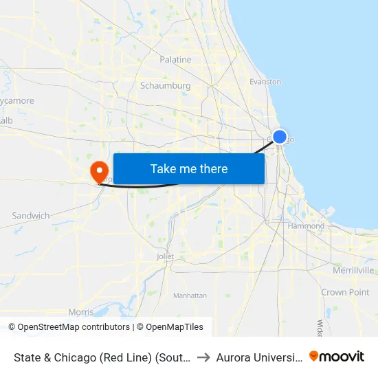 State & Chicago (Red Line) (South) to Aurora University map