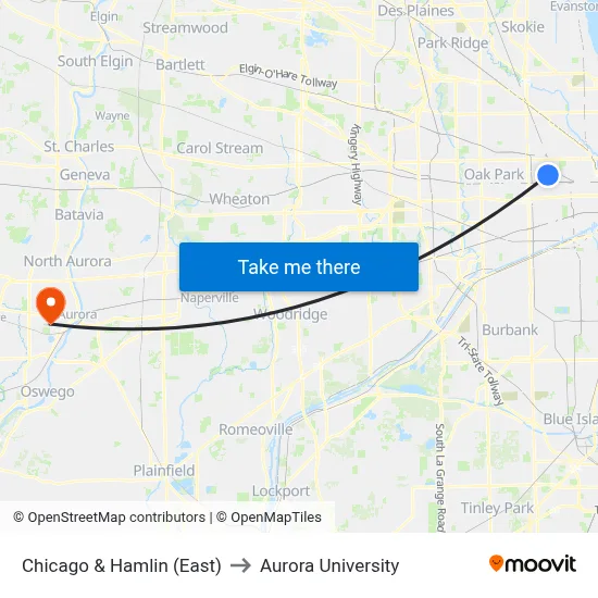 Chicago & Hamlin (East) to Aurora University map