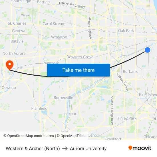 Western & Archer (North) to Aurora University map