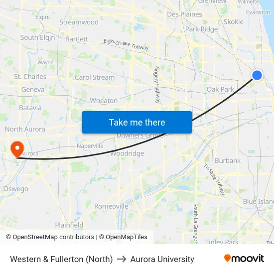 Western & Fullerton (North) to Aurora University map