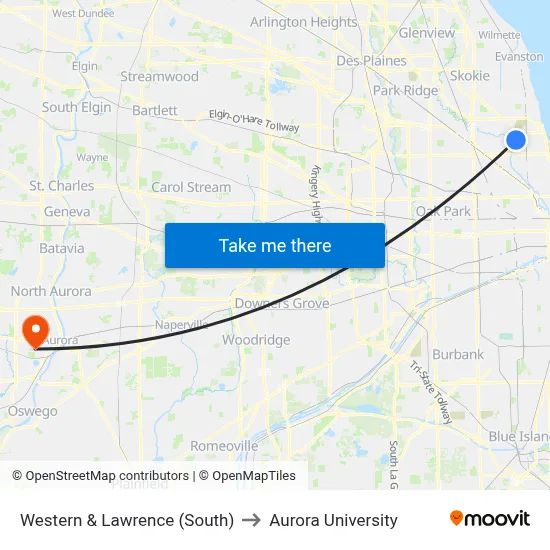 Western & Lawrence (South) to Aurora University map