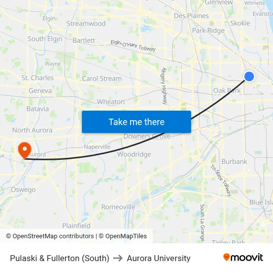Pulaski & Fullerton (South) to Aurora University map
