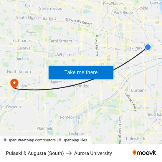 Pulaski & Augusta (South) to Aurora University map