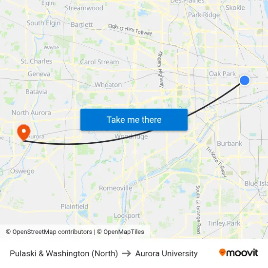 Pulaski & Washington (North) to Aurora University map