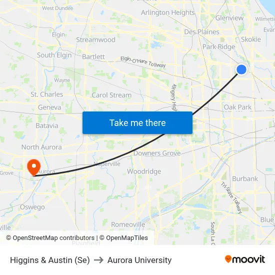 Higgins & Austin (Se) to Aurora University map