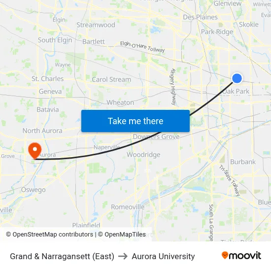 Grand & Narragansett (East) to Aurora University map