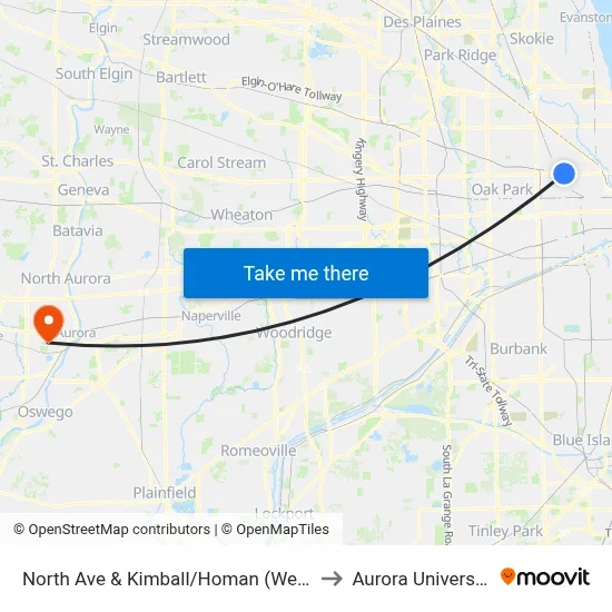 North Ave & Kimball/Homan (West) to Aurora University map