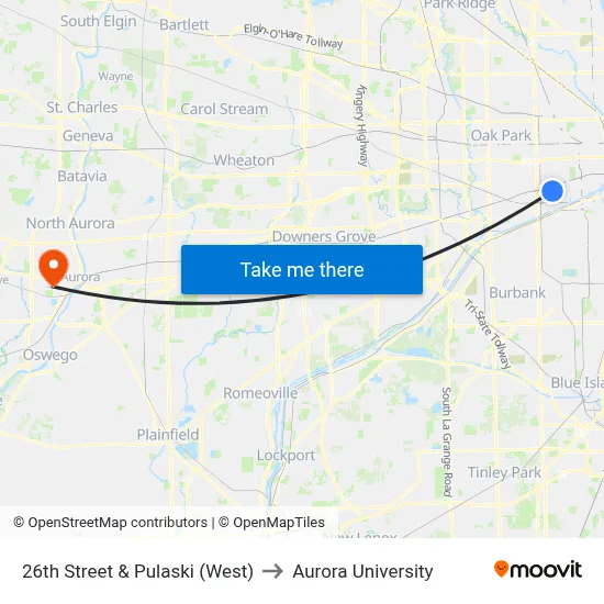 26th Street & Pulaski (West) to Aurora University map